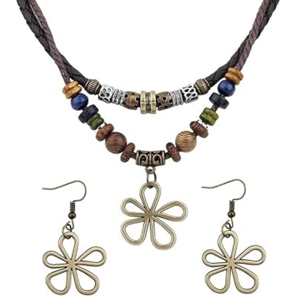 VTG Style Multi-Layer Flower Wood Beaded 18"+ Necklace & Dangle Earrings Set